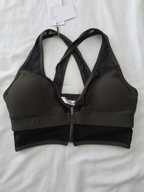 NWT Gottex Olive Green Front-Zip Sports Bra with Mesh Panels
